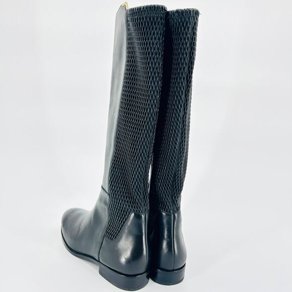 Cole Haan Black Riding Boots Gold Trim Woven Stretch Detail - Picture 4 of 9